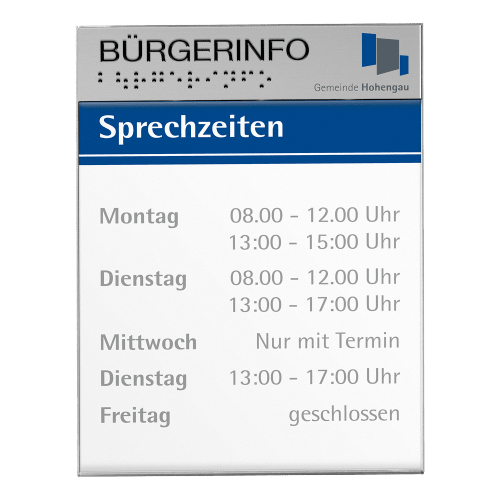 RIO Paneel für Türschild mit Bürgerinfo und Sprechzeiten Montag bis Freitag