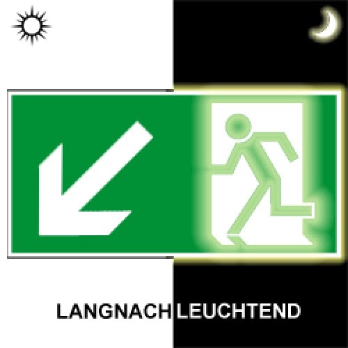 Rettungsweg links abwärts Leuchtschild mit Fluchtweganzeige nach ASR A 1.3, BGV A8, DIN 67510, ISO 6309