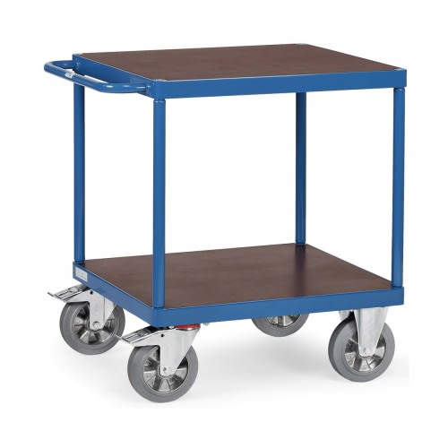 FETRA Schwerer Tischwagen 12497 mit 2 Böden quadratisch blau mit braunen Ablageflächen und 1200 kg Tragkraft