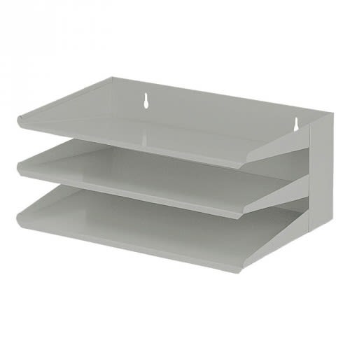 graues dreistufiges Sortierregal aus Metall zur Wandmontage