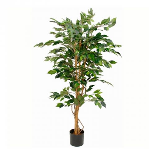Künstlicher Ficus Benjamina mit grünen Blättern in schwarzem Topf