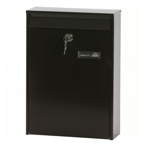 Schwarzer Briefkasten LEIPZIG mit Schlüssel und Namensschild