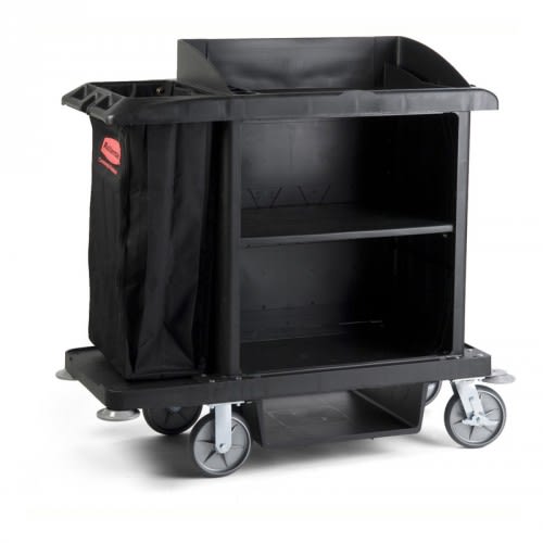 Großer schwarzer Hotelwagen von Rubbermaid mit zwei Ablageflächen und seitlichem Wäschesack