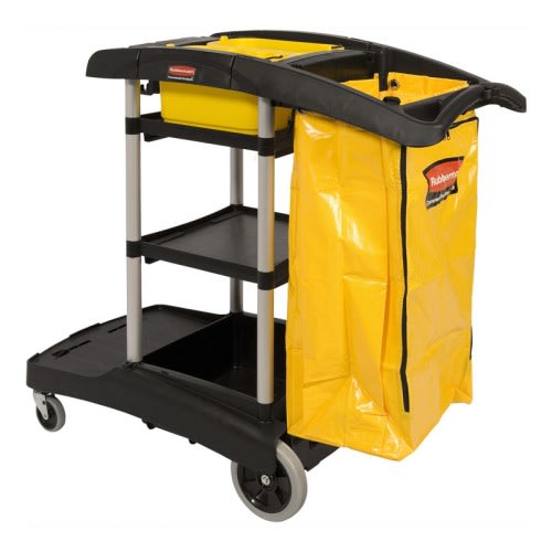 Reinigungswagen HIGH CAPACITY von Rubbermaid mit gelbem Müllsack und mehreren Ablageflächen