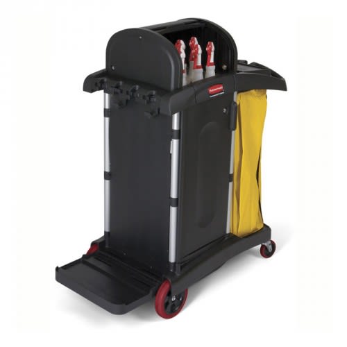 Reinigungswagen HYGEN HIGH-SECURITY von Rubbermaid mit schwarzen Kunststoffgehäuse, roten Rollen und gelbem Abfallsack