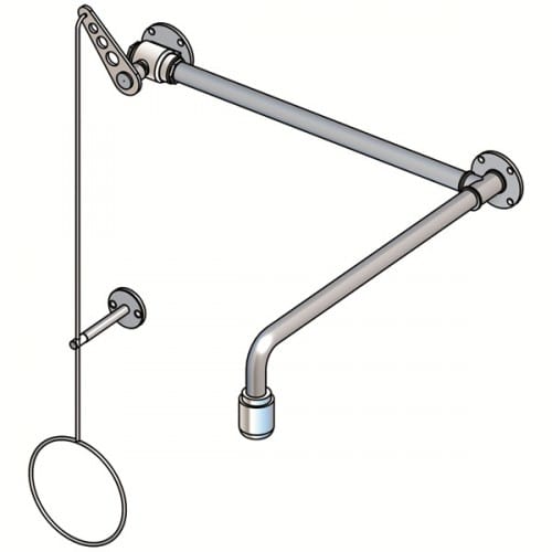 Notdusche mit Zugstange zur Über-Tür-Montage Aufputz, bestehend aus Metallrohren und Zugmechanismus