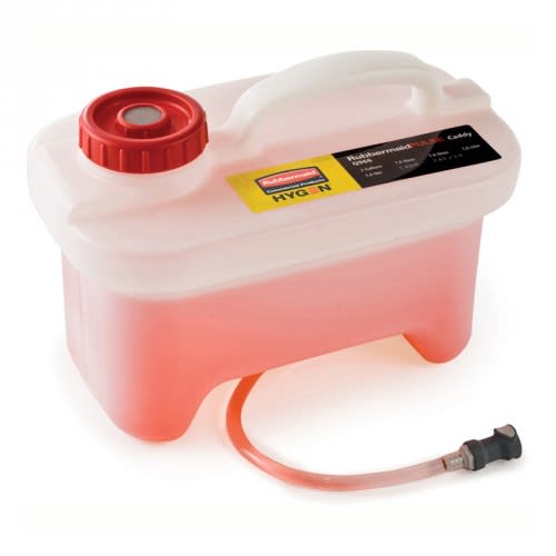 Nachfüllbehälter CADDY für Bodenreinigungssystem HYGEN PULSE von Rubbermaid mit rotem Verschluss und Schlauch