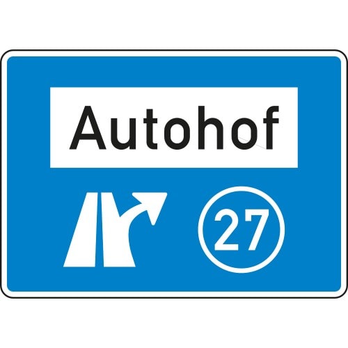 Verkehrsschild Autohof VZ 448.1 mit Autobahnsymbol, Ausfahrtspfeil und Nummer 27 auf blauem Hintergrund