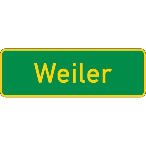 Ortshinweistafel 1-zeilig einseitig mit dem Ortsnamen Weiler, Verkehrsschild VZ 385