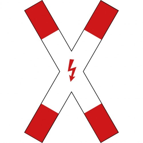 Andreaskreuz stehend mit rotem Blitzpfeil auf weißem Hintergrund, Verkehrsschild VZ 201-51