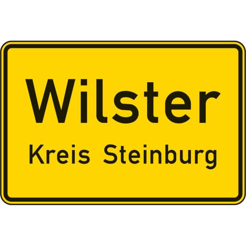 Ortstafel Vorderseite Verkehrsschild VZ 310 Wilster Kreis Steinburg gelbes Schild mit schwarzem Rand und schwarzer Schrift