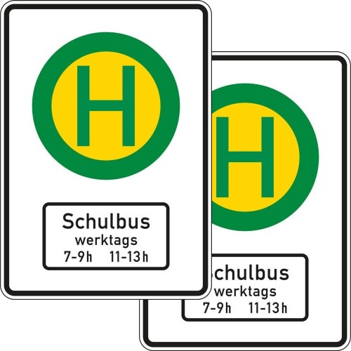 Doppelseitiges Verkehrsschild Schulbushaltestelle VZ 224-41 mit grünem H in gelbem Kreis und Zeiten für Schulbus werktags 7-9h und 11-13h