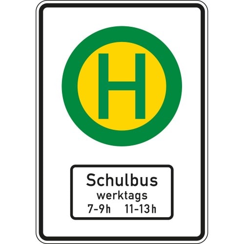 Verkehrsschild Schulbushaltestelle VZ 224-51 mit grünem H in gelbem Kreis und Zusatzschild Schulbus werktags 7-9h 11-13h