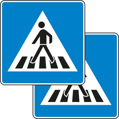 Verkehrszeichen Fußgängerüberweg doppelseitig mit blauem Hintergrund und weißem Dreieck mit Fußgänger-Symbol