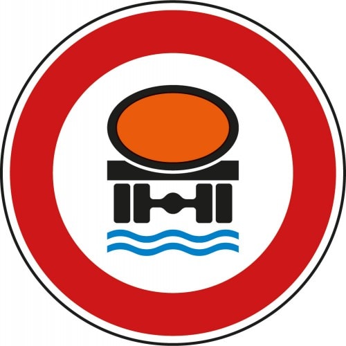 Verkehrsschild Verbot für Fahrzeuge mit wassergefährdender Ladung VZ 269 mit rotem Rand und Symbol eines Tanks über blauen Wellen