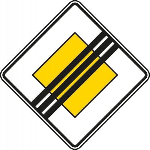 Verkehrsschild Ende der Vorfahrtstraße VZ 307 mit gelbem Raute-Symbol und schwarzen Querstreifen