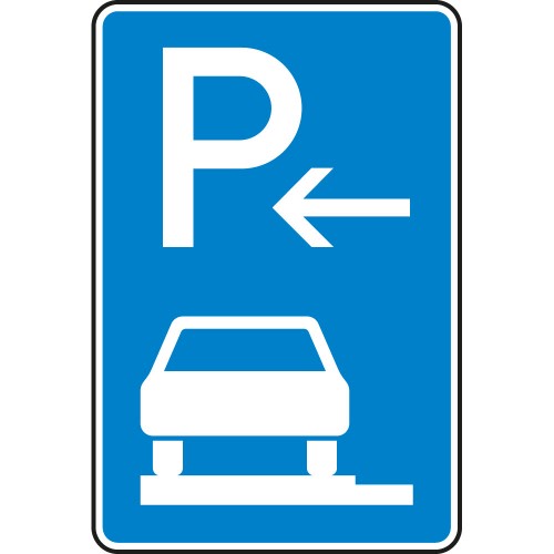Verkehrsschild Parken auf Gehwegen ganz in Fahrtrichtung links Ende VZ 315-62 blaues Schild mit weißem P, Pfeil nach links und Auto auf Gehweg