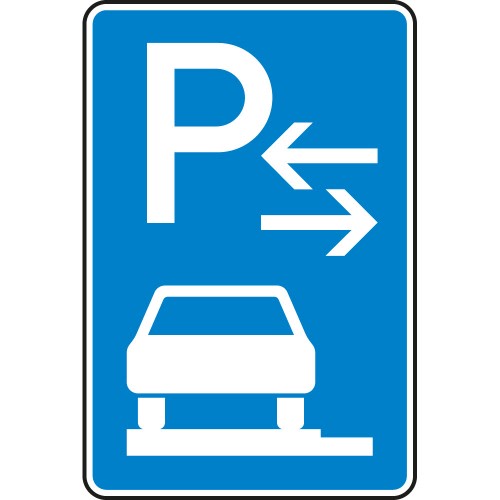 Verkehrsschild Parken ganz auf Gehwegen Mitte VZ 315-63 blau mit weißem P, Pfeilen und Auto