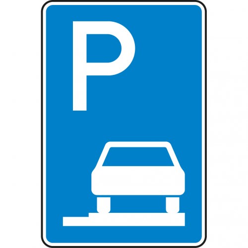 Verkehrsschild Parken ganz auf Gehwegen VZ 315-65 blau mit weißem P und Auto Symbol