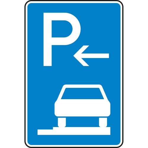 Verkehrsschild VZ 315-66 Parken auf Gehwegen ganz in Fahrtrichtung rechts, Anfang, blaues Schild mit weißem P, Pfeil nach links und Auto auf Gehweg