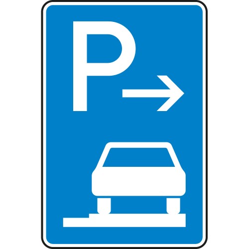 Verkehrsschild Parken auf Gehwegen ganz in Fahrtrichtung rechts, Ende, VZ 315-67 mit blauem Hintergrund, weißem P, Pfeil nach rechts und Auto auf Gehweg