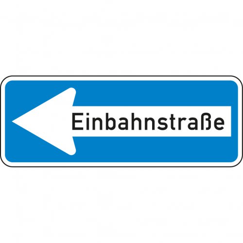 Verkehrsschild Einbahnstraße linksweisend mit weißem Pfeil auf blauem Grund und Schrift Einbahnstraße