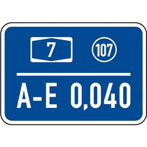 Kilometertafel 350/500 einseitig mit blauer Hintergrundfarbe, weißem Rahmen und den Zahlen 7, 107 sowie A-E 0,040