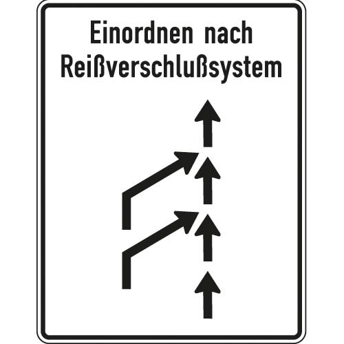 Hinweistafel Einordnen nach Reißverschlußsystem mit Pfeilen und Text