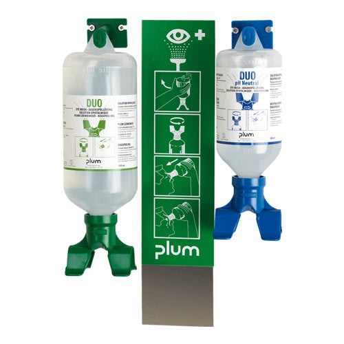 Augen-Notfallstation DUO mit zwei Augenspülflaschen und Anleitungsschild von Plum