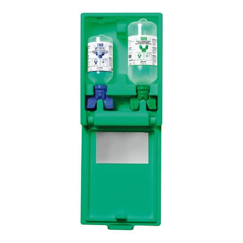Augen-Notfallstation DUO in grüner Wandbox mit zwei Augenspülflaschen und Bedienungsanleitung
