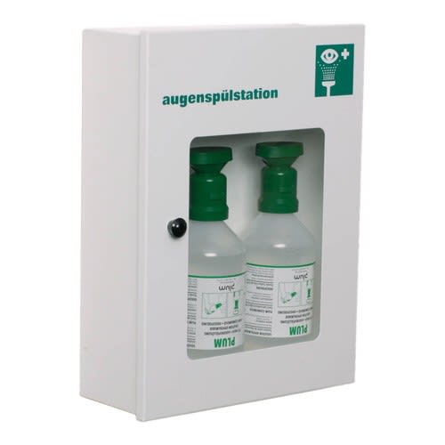 Augenspülstation mit 2 Flaschen in weißem Augenspülschrank mit grünem Augenspülsymbol