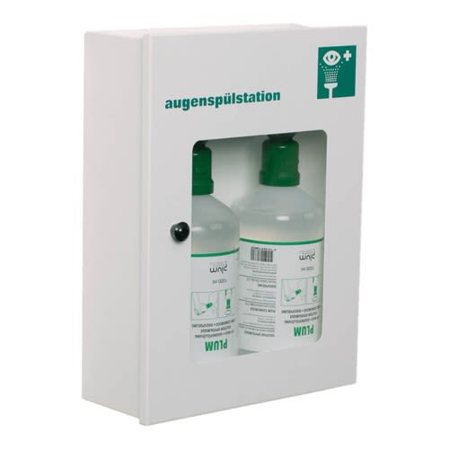 Augenspülstation MAXI mit 2 Flaschen in weißem Augenspülschrank mit Sichtfenster