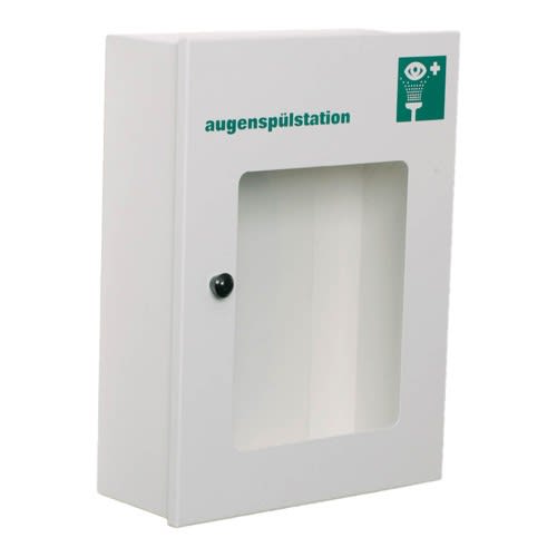 Leerer Augenspülschrank aus Metall mit Sichtfenster und Augenspülstation Symbol