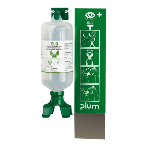 Augenspülstation DUO mit Augenspülflasche und Anleitungsschild zur Augenspülung