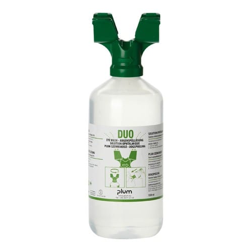 Augenspülflasche DUO 1,0l mit grünem Doppel-Aufsatz und klarer Flüssigkeit zur Augenspülung