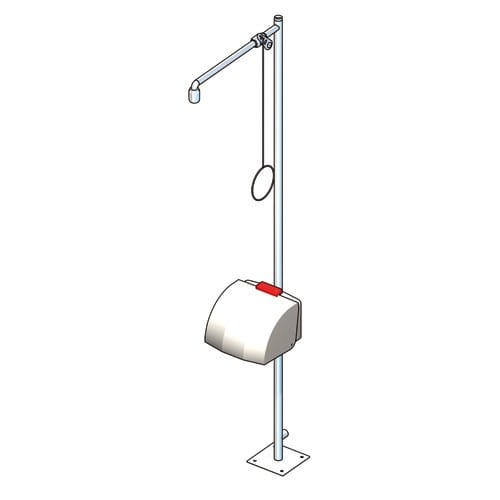 Notdusche mit Zugstange und Gesichts- und Augendusche mit Auffangbecken und Abdeckung zur Bodenmontage Typ II