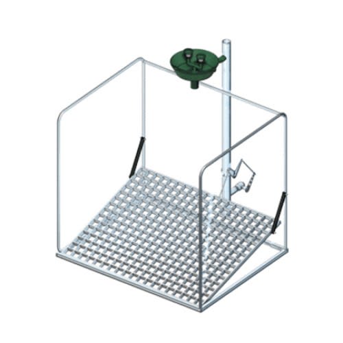 Sicherheitsaugendusche mit Auffangbecken und umliegendem Schutzkorb aus Metall