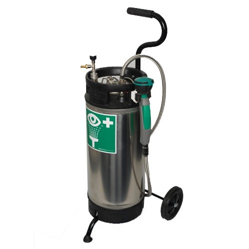 Mobile Tank Augendusche mit Edelstahltank 16 Liter auf Rädern mit Handgriff und Augenduschen-Symbol