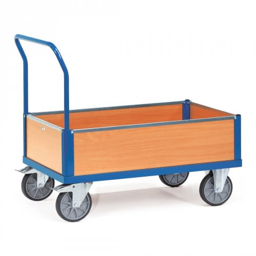 FETRA Kastenwagen 2560 mit blauer Metallrahmen und Holzbox, Tragkraft 500 bis 600 kg, vier graue Räder