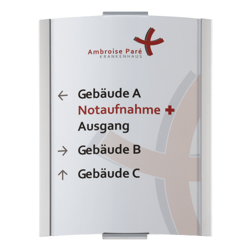 FRANKFURT Etagenwegweiser mit Wegweiser für Gebäude A, Notaufnahme, Ausgang, Gebäude B und Gebäude C im Ambroise Paré Krankenhaus