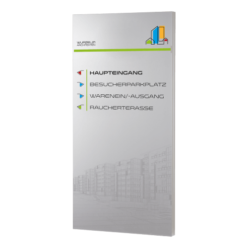 MADRID Außenaufsteller mit Wegweisern zu Haupteingang, Besucherparkplatz, Warenein-/Ausgang und Rauchertasse