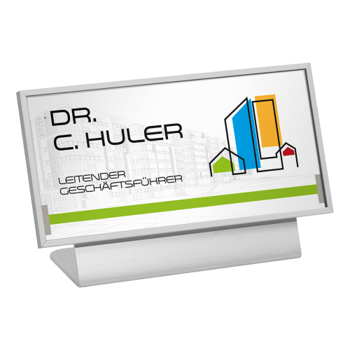 MADRID Tischaufsteller mit Name Dr. C. Huler und Titel Leitender Geschäftsführer, modernes Design mit farbigen Gebäudesymbolen