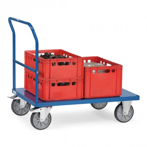 FETRA Schiebebügelwagen 2500B mit blauer Blechplattform und roten Kunststoffkisten, Tragkraft 500 bis 600 kg