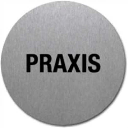 Rundes Metallschild mit schwarzem Schriftzug Praxis