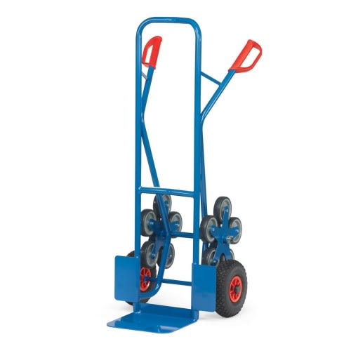 FETRA Stahlrohr-Treppenkarre TK1327 mit kleiner Schaufel, Luftbereifung und Treppensternen, Tragkraft 200 kg, blaue Transportkarre mit roten Griffen