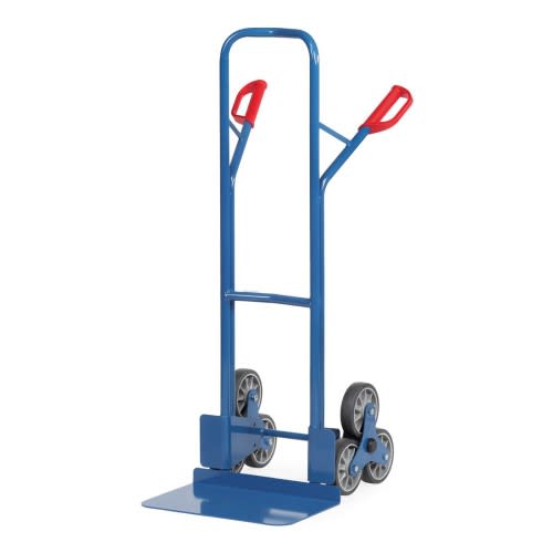 FETRA Stahlrohr-Treppenkarre TK1326 mit großer Schaufel und Treppensternen, Tragkraft 200 kg, blaue Karre mit roten Griffen