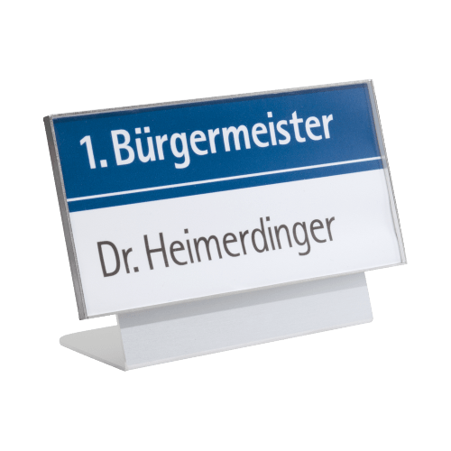 RIO Tischaufsteller mit Beschriftung 1. Bürgermeister Dr. Heimerdinger, transparenter Ständer aus Kunststoff