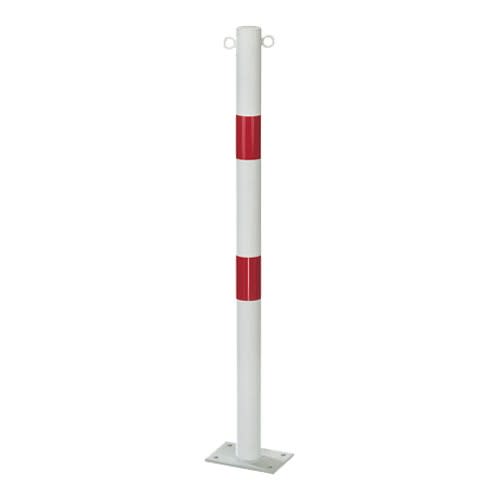 Absperrpfosten STANDARD starr weiß mit roten Streifen und Bodenplatte
