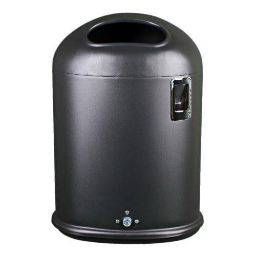 Ovaler schwarzer Abfallbehälter mit integriertem Ascher und Bodenentleerung, Fassungsvermögen 1,5 + 43,5 Liter