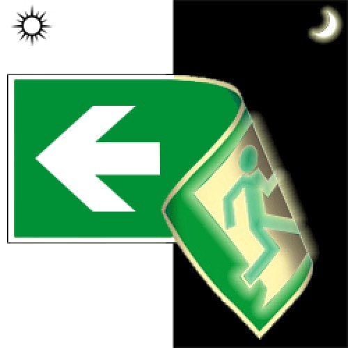 Rettungsweg links/rechts doppelseitig nach ISO 7010 mit Pfeil und Fluchtweg-Symbol, sichtbar bei Tag und Nacht
